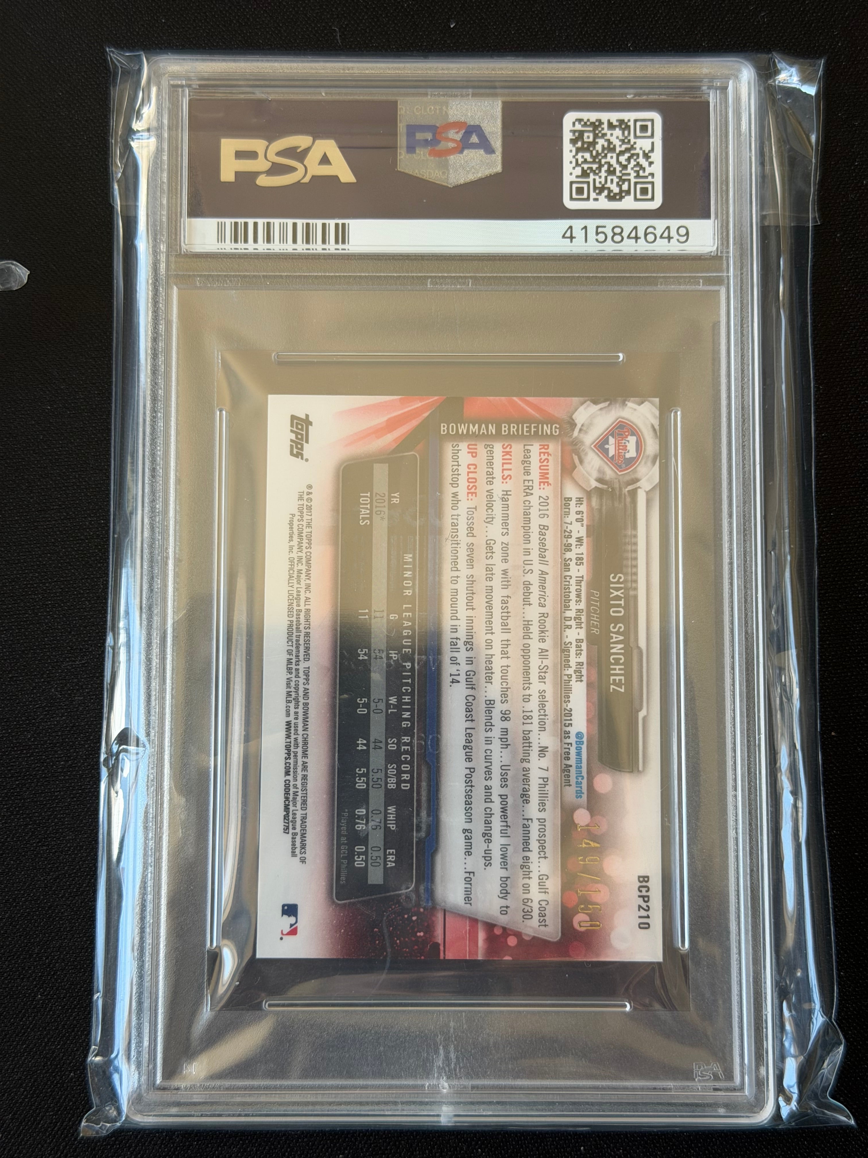 2017 Bowman Chrome Mini #BCP210 Sixto Sanchez Blue Shimmer Refractor /150 PSA 10