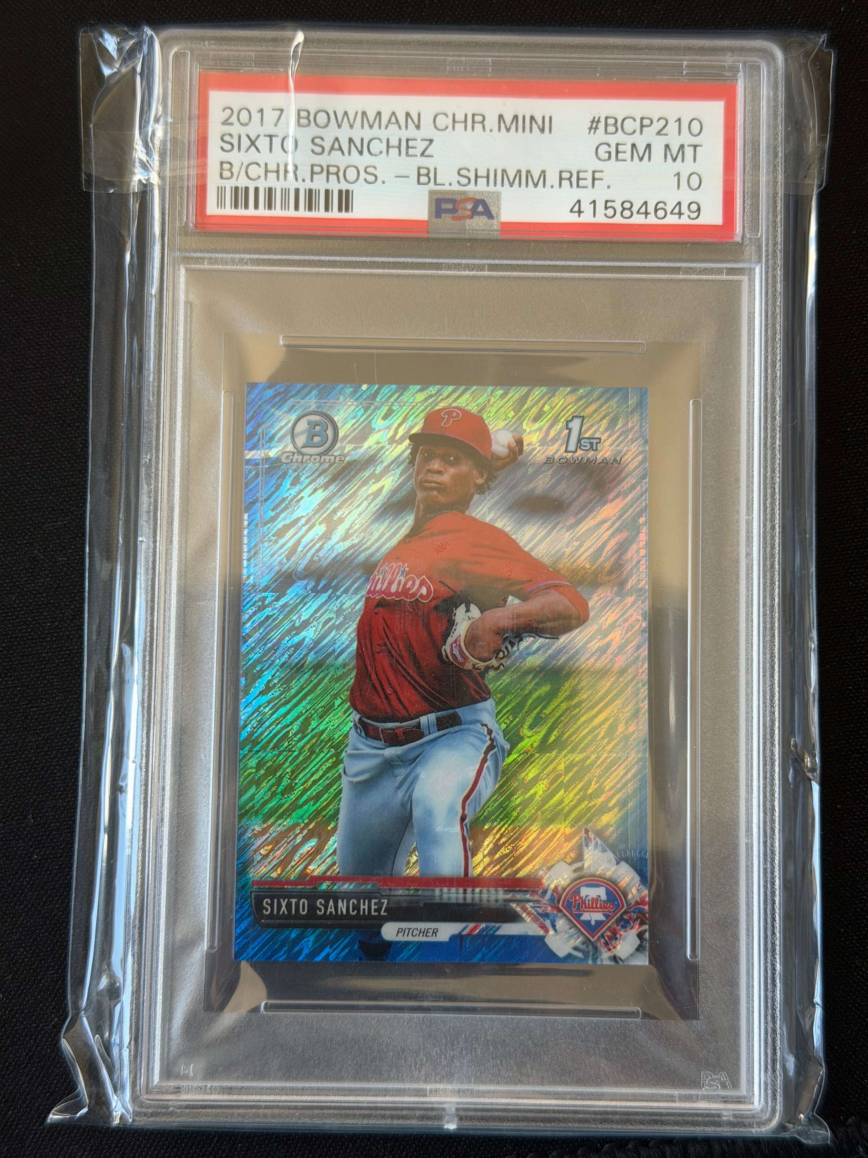 2017 Bowman Chrome Mini #BCP210 Sixto Sanchez Blue Shimmer Refractor /150 PSA 10